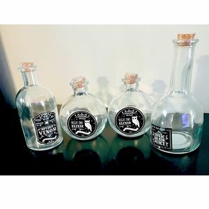 4 Halloween Magic Potion Bottles Toxic Brain Juice/ Spider Venom/ Night Owl Elix